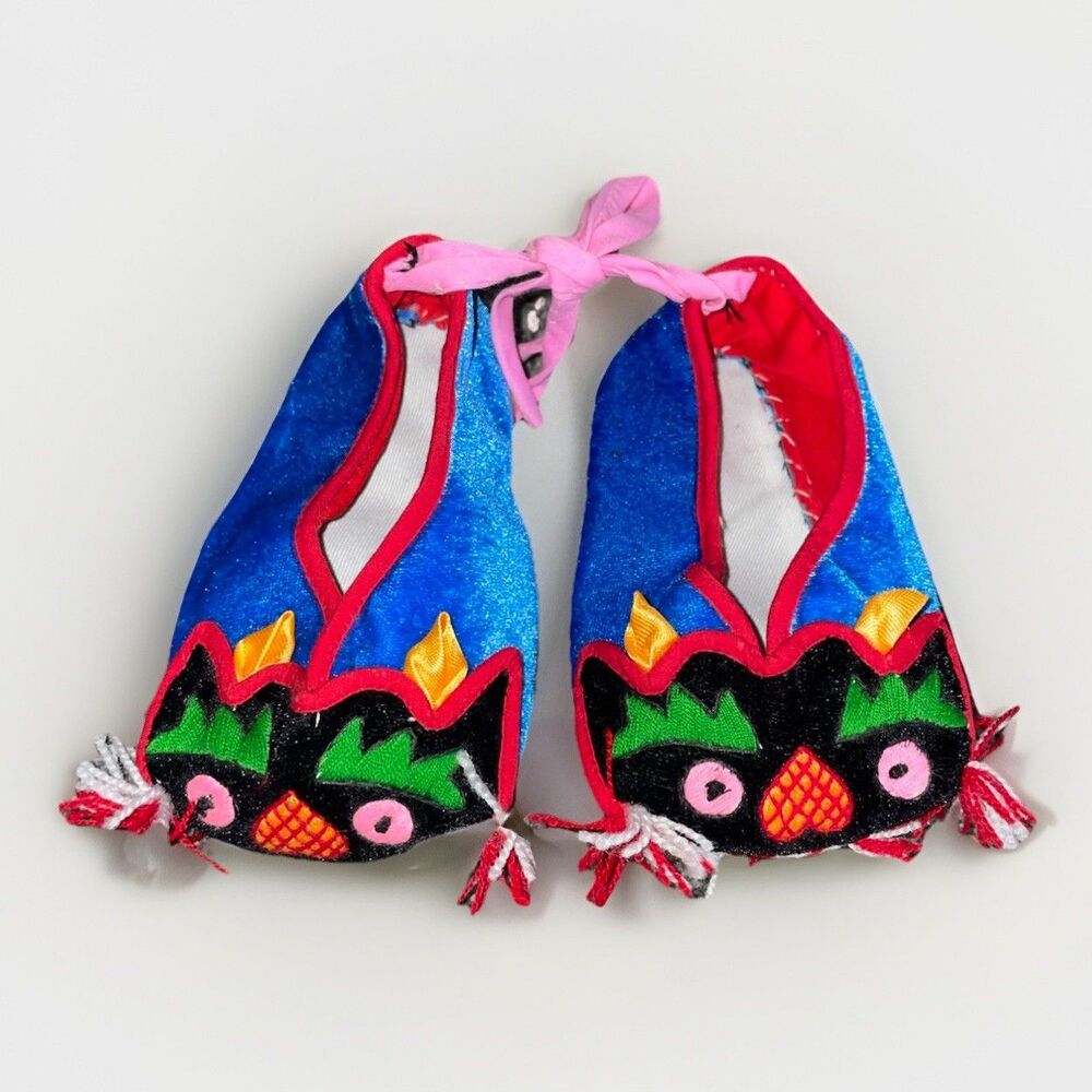 Chinese Tiger Head Baby Shoes Blue Velvet 5" Handmade Huxie Slippers